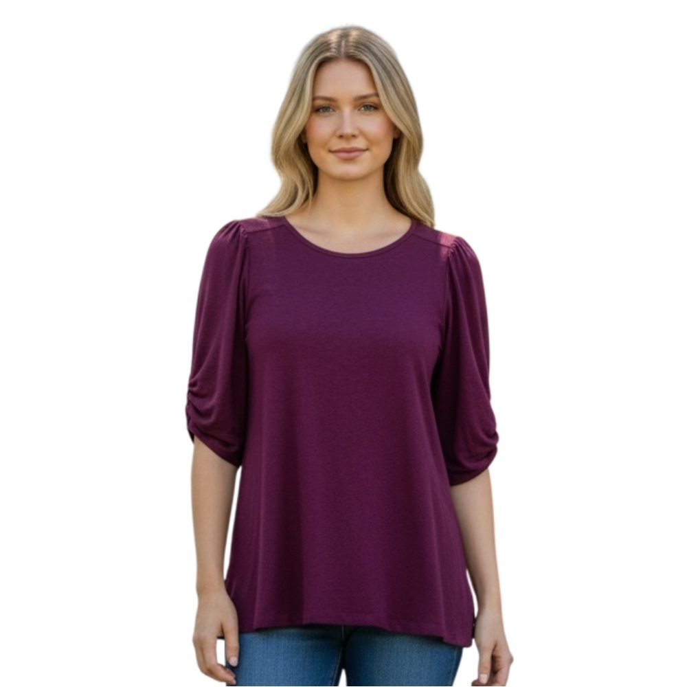 H‎ by Bordeaux Linen Blend Blouse with Ruched 3/4 Sleeves, Purple, Size Medium
